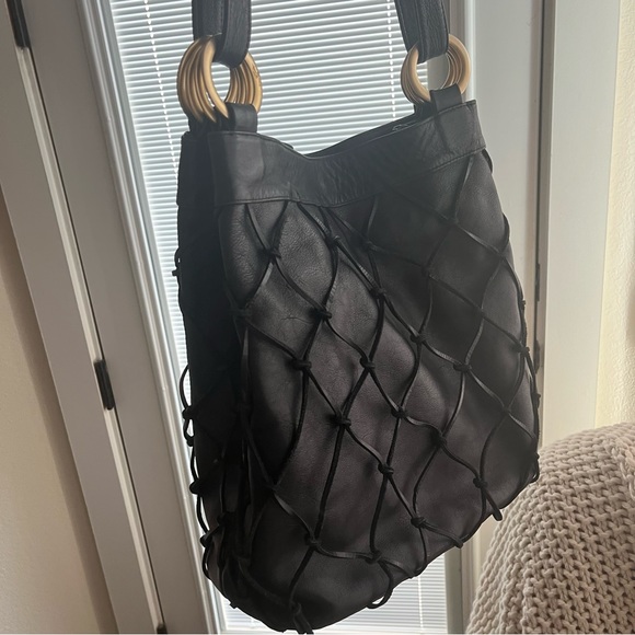 Made an Italy Black Macramé genuine Leather Net Woven...